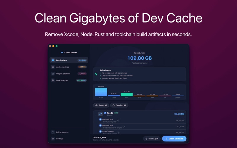 CodeCleaner disk usage overview for development caches