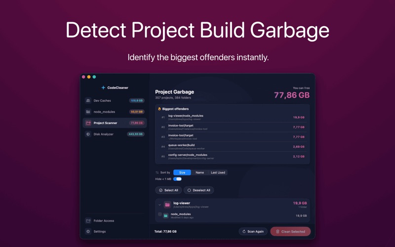 CodeCleaner developer cache cleanup screen
