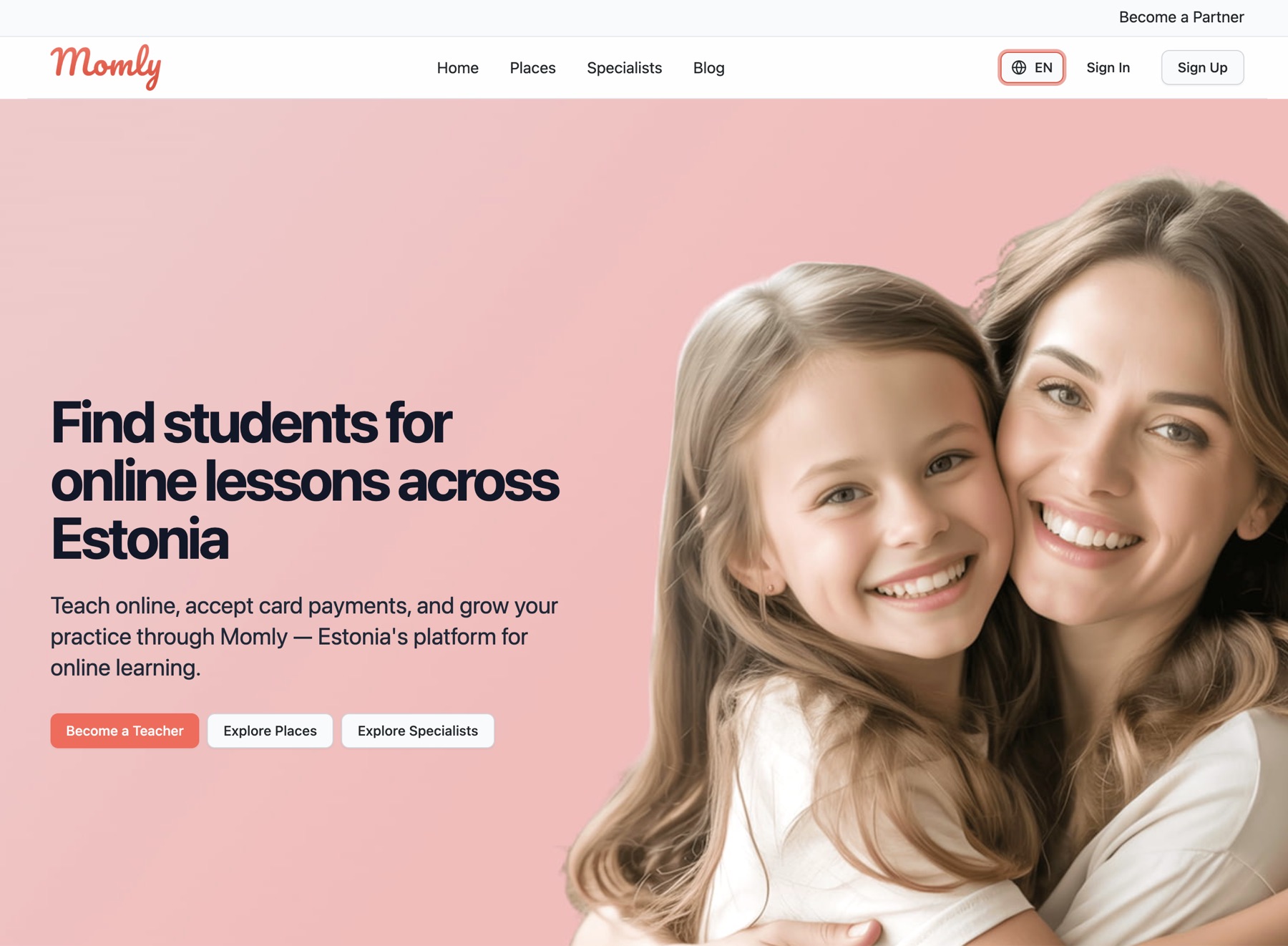 Screenshot of Momly’s homepage, showing its family learning platform
