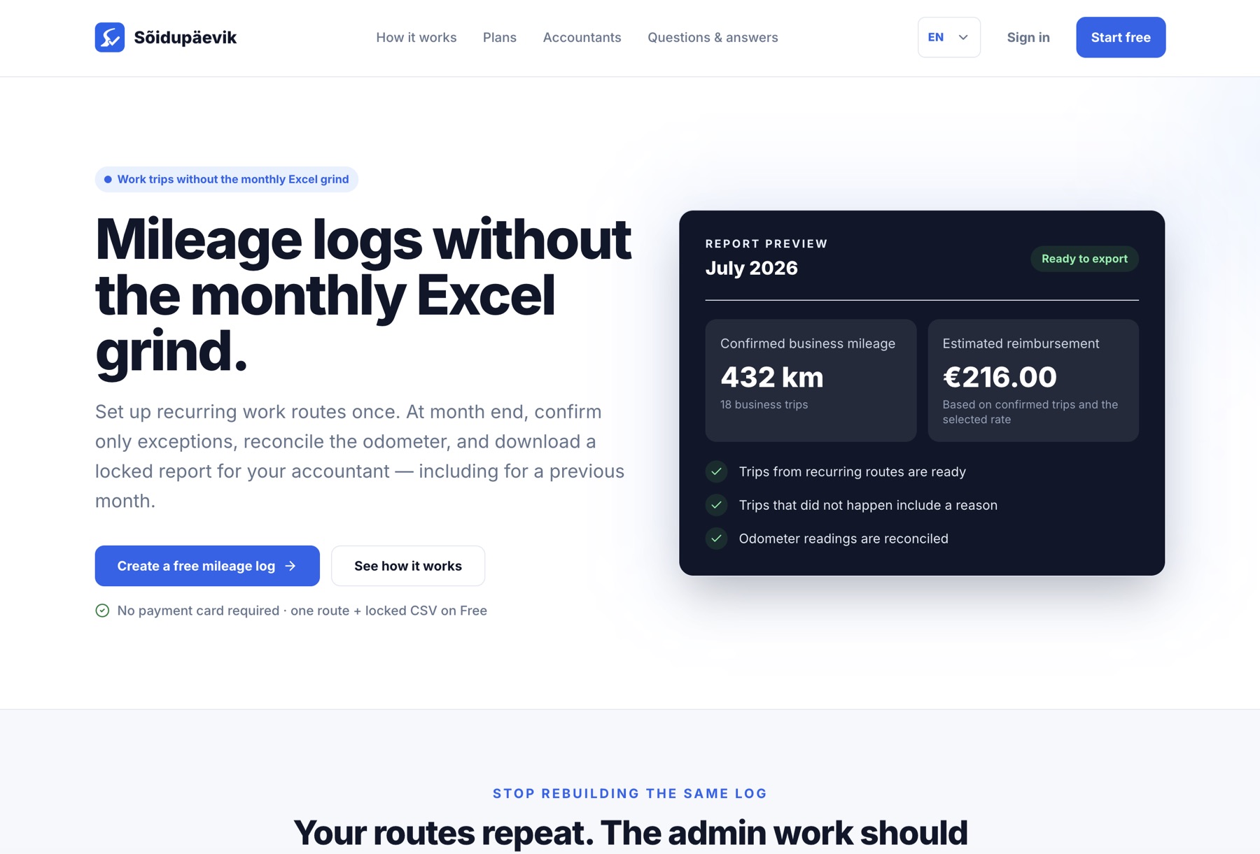 Sõidupäevik homepage and mileage report preview